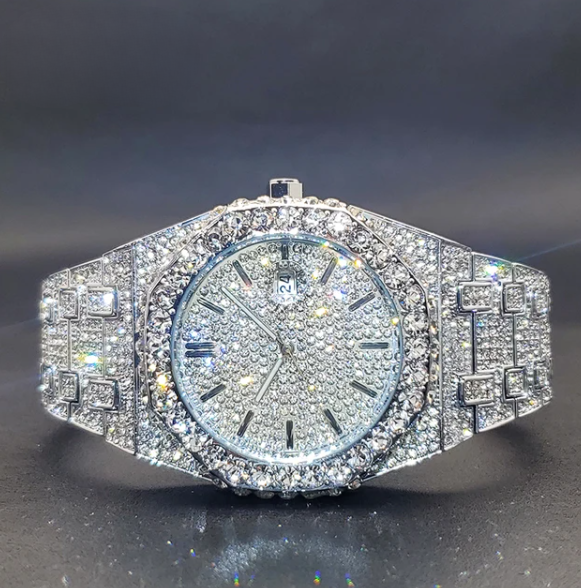 Silver Big Hand Iced Out Quartz Watch