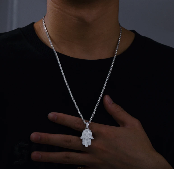 Silver Hamsa Hand Iced Out Pendant Necklace